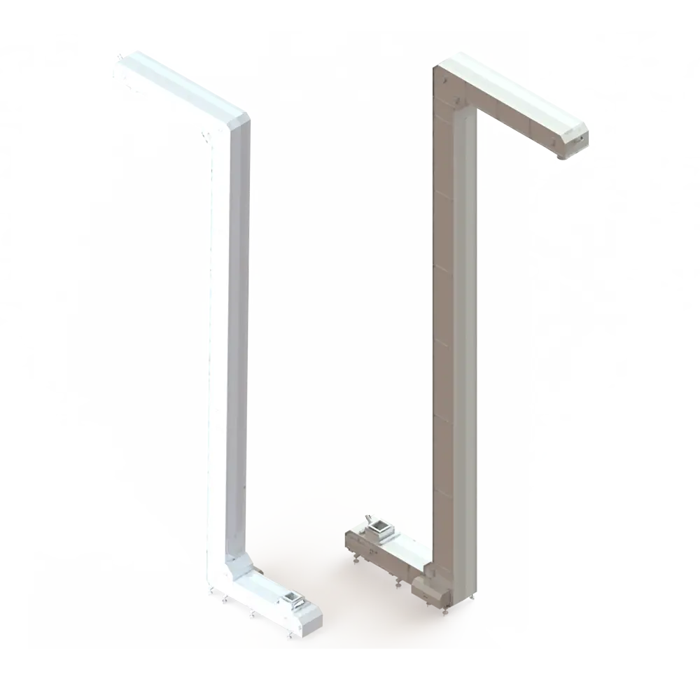 Elevador de canecas para transporte vertical de grãos.