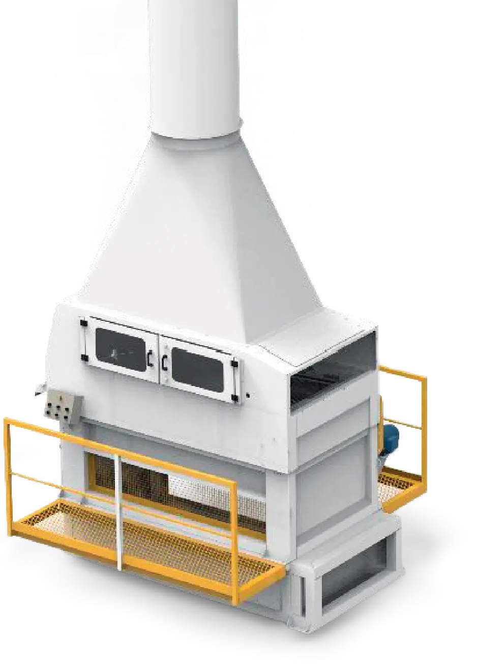Sistema de exaustão da LS do Brasil com estrutura branca, duto superior e plataforma de acesso com guarda-corpo amarelo, sobre fundo com sementes tratadas.