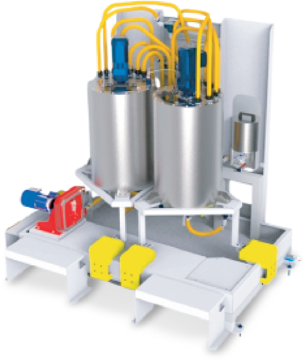 Sistema de tanques em inox da LS do Brasil com tubulações amarelas e motores superiores, instalado sobre base metálica, com fundo gráfico colorido com pigmentos em pó.